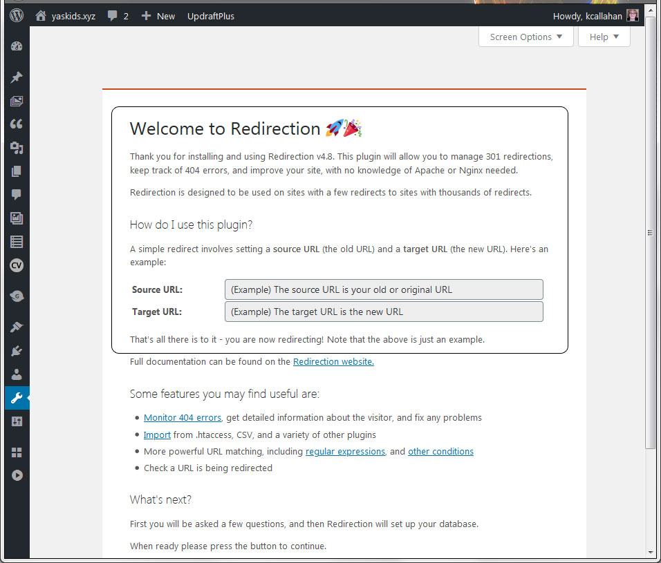 Introduction page of Redirection plugin
